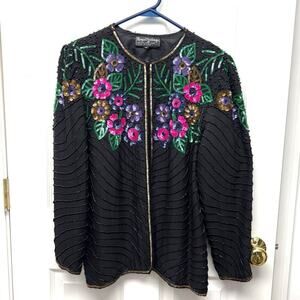 Vintage Royal Feelings Hand-Beaded Floral Silk Evening Jacket | Wearable Art | M